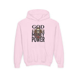 Youth Hoodie "God Money Power" Skull Graphic