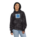 Tie-Dye Embroidered Hoodie — Navy Champion-Style Pullover with Blue Graphic