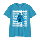 God Money Power Graphic T-Shirt — Blue Anime-Inspired Streetwear