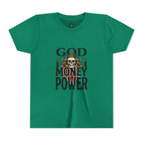 Youth Tee — 'God Money Power' Skull Graphic Shirt