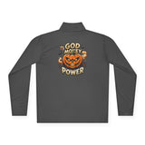 Quarter-Zip Pullover — 'God, Money, Power' Halloween Pumpkin Graphic