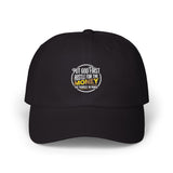Money Stamp Dad Cap – White Embroidered Vintage Logo Hat