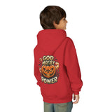 Halloween Pumpkin Hoodie — “God Money Power” Graphic Youth Sweatshirt