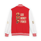 God Money Power Letterman Jacket — Red Varsity Bomber with GMP Gold Logo