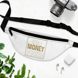 God Money Power Fanny Pack — White Festival Waist Bag with Gold Text