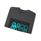 Crewneck Sweatshirt — GOD MONEY POWER Graphic Crewneck (Neon Cyan on White)