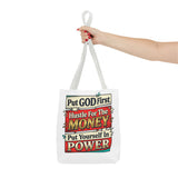 Tote Bag — "Put GOD First, Hustle For The MONEY, Put Yourself In POWER" Inspirational Graphic Tote