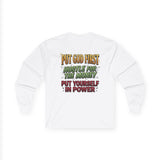 Long Sleeve Tee — "Put God First, Hustle for the Money, Put Yourself in Power" Inspirational Christian Tee