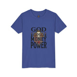 Youth Tee — 'God Money Power' Skull Graphic Shirt