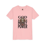 Youth Tee — 'God Money Power' Skull Graphic Shirt