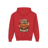 Halloween Pumpkin Hoodie — “God Money Power” Graphic Youth Sweatshirt