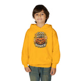 Halloween Pumpkin Hoodie — “God Money Power” Graphic Youth Sweatshirt