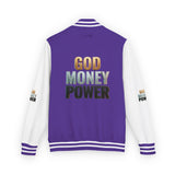 Letterman Jacket - "GOD MONEY POWER" Graphic Varsity Jacket with Chest Logo