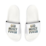 Slide Sandals — "GOD MONEY POWER" White Removable‑Strap Pool Slides for Men