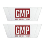 Men's Slide Sandals — White Removable-Strap Slides with 'GMP God Money Power' Graphic
