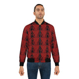 Red Patterned Bomber Jacket — Gothic Hooded Figure All-Over Print