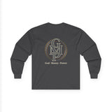 Long Sleeve Tee — Gold Monogram GMP Logo “God, Money, Power”