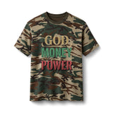 God Money Power Camo Tee — Faith & Wealth Graphic T-Shirt