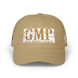 GMP 'Good Money Power' White Dad Cap — Distressed Gold Logo Baseball Hat