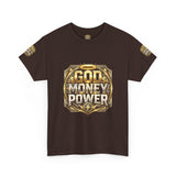 Graphic Tee — "God Money Power" Gold Crest T-Shirt