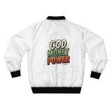 Bomber Jacket — "God Money Power" Graphic Bomber