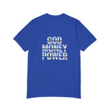 God Money Power T-Shirt — Retro Neon Graphic Tee (Front Illustration, Back Text)