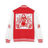 Letterman Jacket — Red Angel Graphic "God Money Power" Varsity Jacket