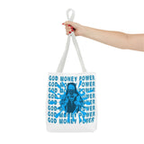 God Money Power Graphic Tote Bag — Blue Urban Goddess All-Over Print Tote