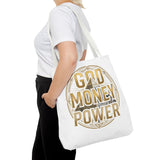 God Money Power Tote Bag — Bold Pyramid Graphic Religious Statement Tote