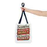 Tote Bag — "Put GOD First, Hustle For The MONEY, Put Yourself In POWER" Inspirational Graphic Tote