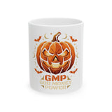 Halloween Pumpkin Jack-O'-Lantern Mug — "GMP: God Money Power" Ceramic Coffee Cup (11oz/15oz)