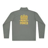 God • Money • Power Quarter-Zip Pullover — Bold Gold Graphic