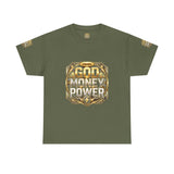 Graphic Tee — "God Money Power" Gold Crest T-Shirt