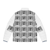 Puffer Jacket — Monochrome Graphic Samurai All-Over Print