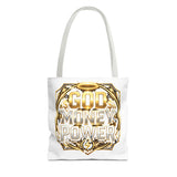 Tote Bag — "God Money Power" Gold Graphic Tote for Faith & Hustle