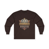 God Money Power Long Sleeve Tee — Vintage Crest Graphic