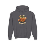 Halloween Pumpkin Hoodie — “God Money Power” Graphic Youth Sweatshirt
