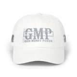 GMP 'God Money Power' Distressed Classic Dad Cap — White Baseball Hat