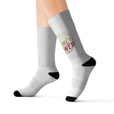 Money Power Graphic Sublimation Socks — Novelty Crew Socks with Retro Badge