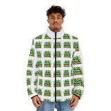 Men's Puffer Jacket — Green 'Panic Power' All-Over Print Winter Coat