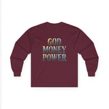 God Money Power Long Sleeve Tee — Inspirational Faith & Prosperity Graphic Shirt