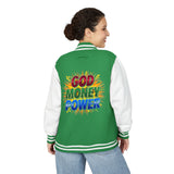 Letterman Jacket — "God Money Power" Retro Graphic Varsity Jacket