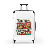 Carry-On Suitcase - “Put GOD First, Hustle For The MONEY, Put Yourself In POWER” Inspirational Travel Luggage