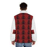 Red Graphic Puffer Jacket — Repeated Hooded Figure Print