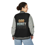 Letterman Jacket - "GOD MONEY POWER" Graphic Varsity Jacket with Chest Logo