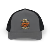 Halloween Pumpkin Trucker Cap — "God Money Power" Graphic Snapback