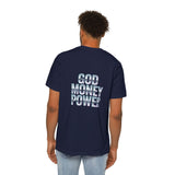 God Money Power T-Shirt — Retro Neon Graphic Tee (Front Illustration, Back Text)