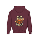 Halloween Pumpkin Hoodie — “God Money Power” Graphic Youth Sweatshirt