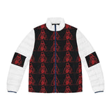 Men's Puffer Jacket — Red & Black Hooded Skeleton Pattern Winter Coat