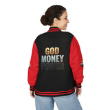 Letterman Jacket - "GOD MONEY POWER" Graphic Varsity Jacket with Chest Logo